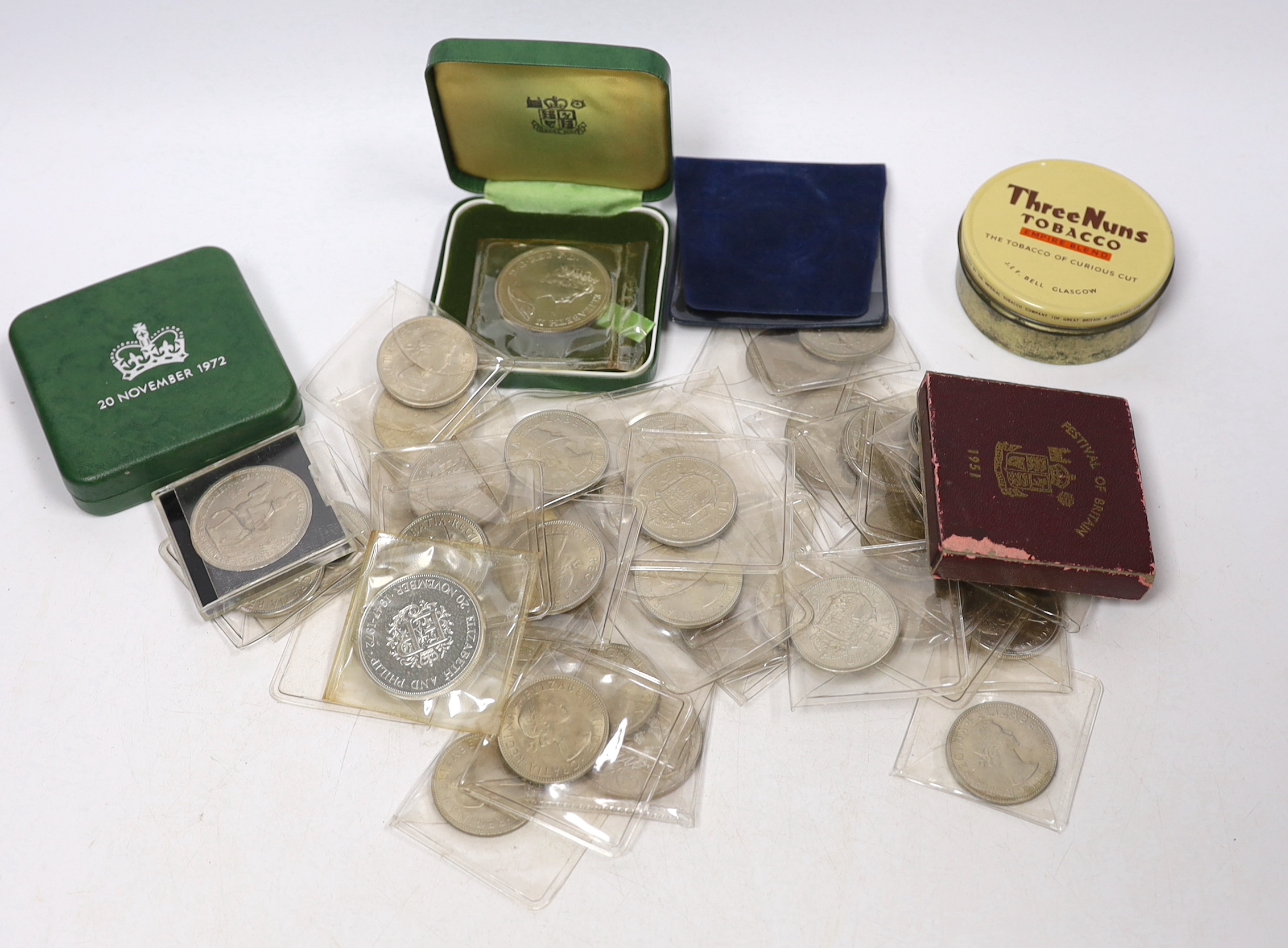 A group of assorted coins including half crowns, five shillings etc
